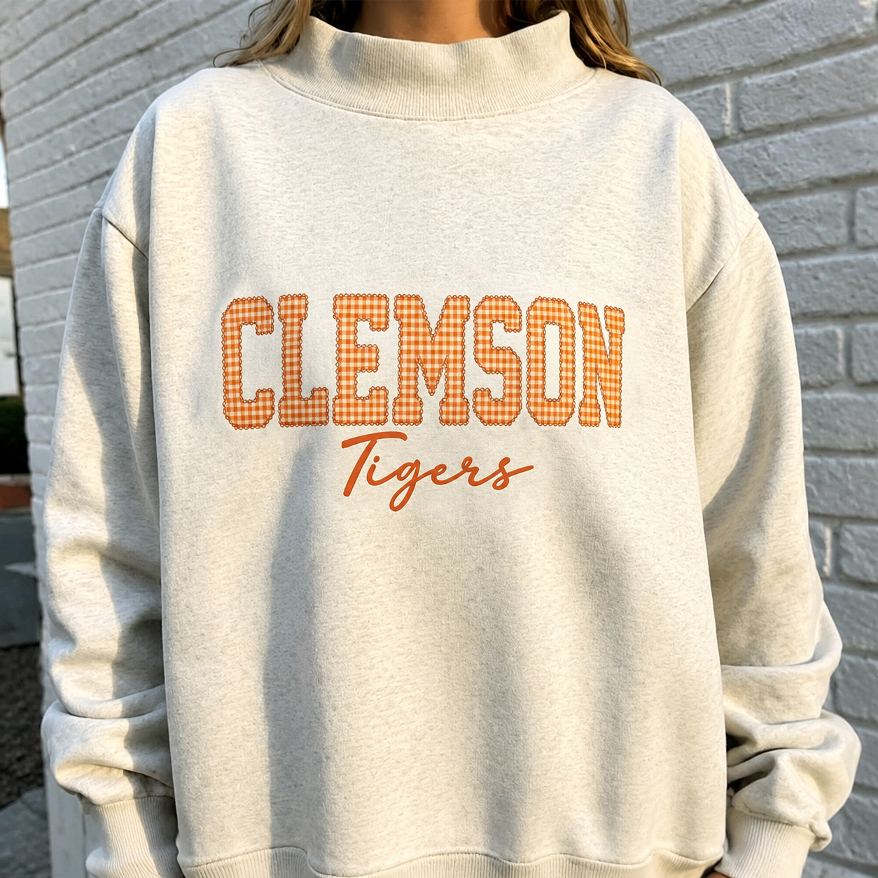 Custom Gingham Appliqué Sweatshirt Personalized Plaid Name Crewneck Cozy Embroidered Mock Neck Pullover