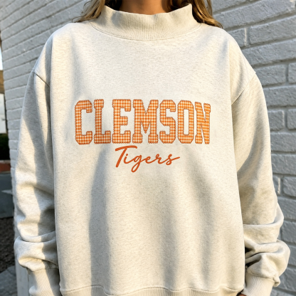 Custom Gingham Appliqué Sweatshirt Personalized Plaid Name Crewneck Cozy Embroidered Mock Neck Pullover