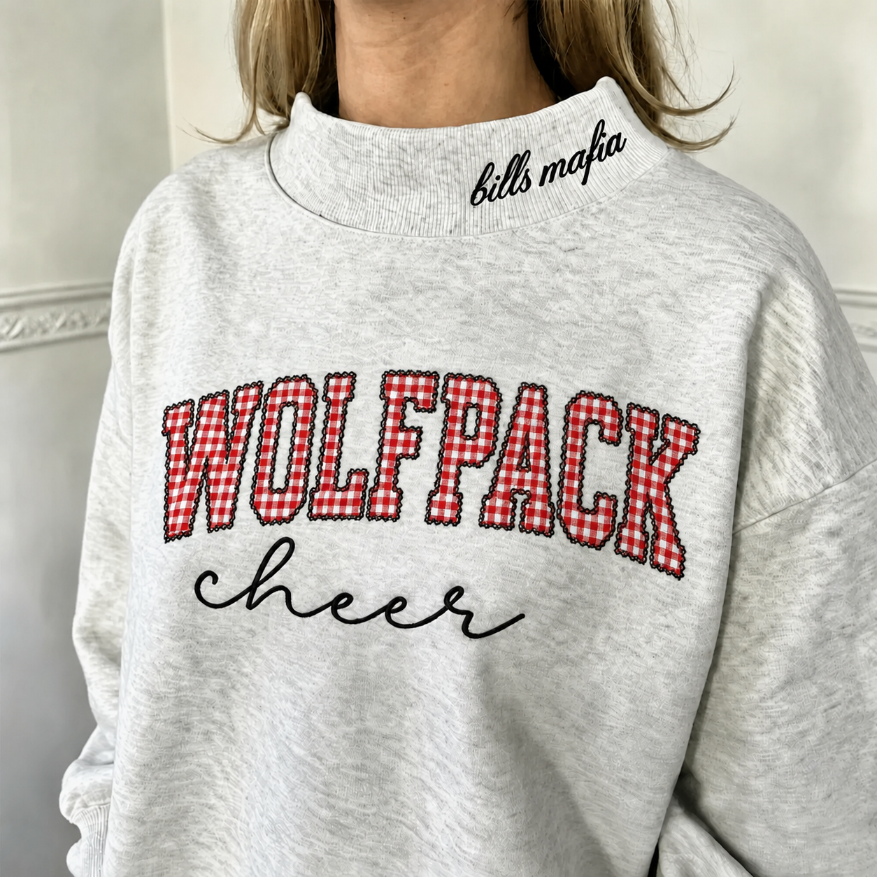 Custom Gingham Appliqué Sweatshirt Personalized Plaid Name Crewneck Cozy Embroidered Mock Neck Pullover