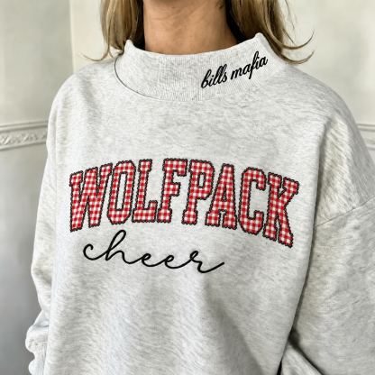 Custom Gingham Appliqué Sweatshirt Personalized Plaid Name Crewneck Cozy Embroidered Mock Neck Pullover