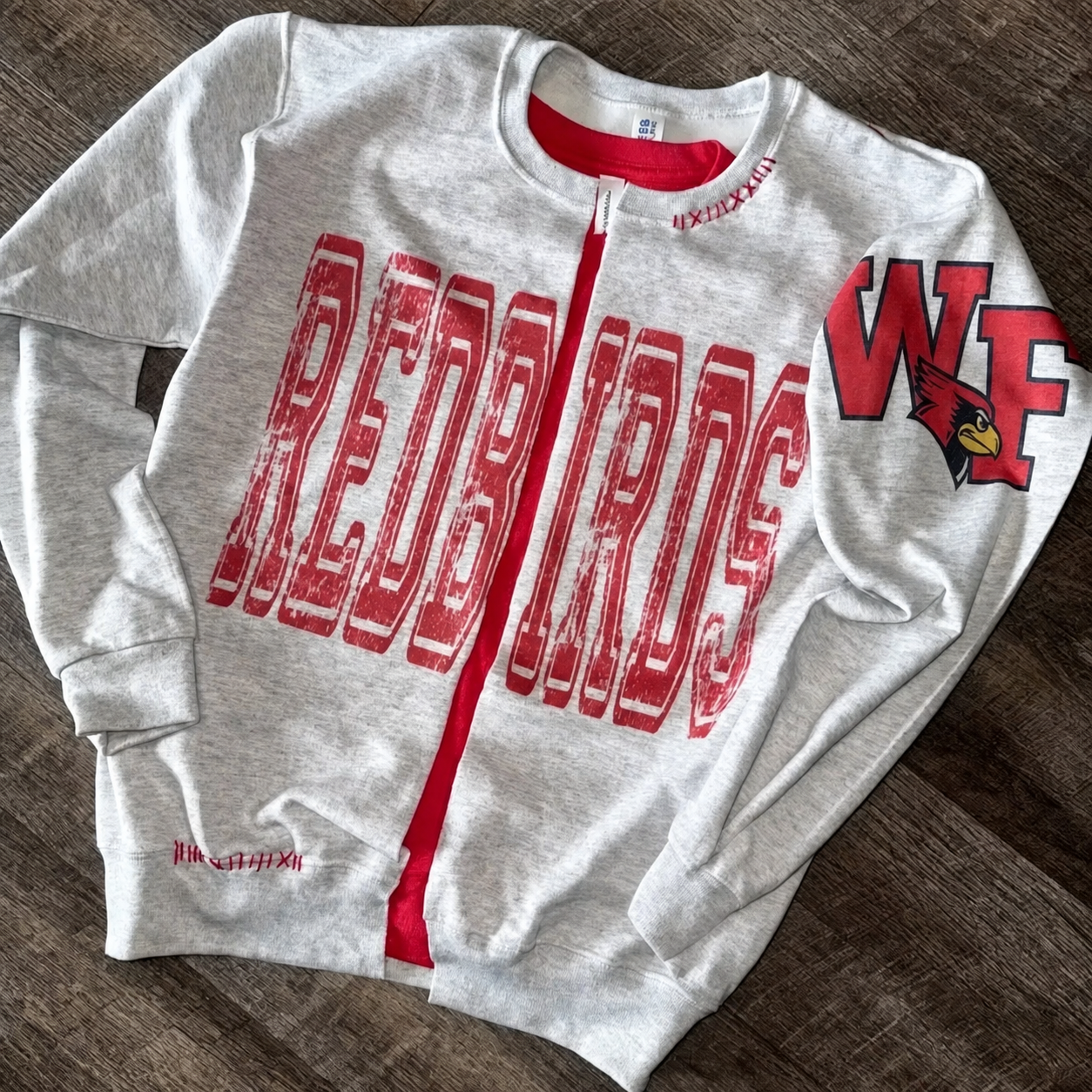 Custom Vintage Varsity Team Name Personalized Cross Stitch Details Text Split Sweatshirt
