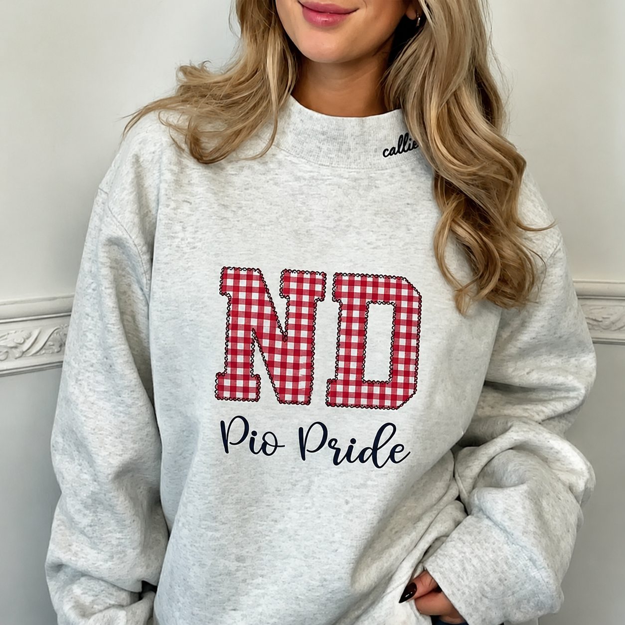 Custom Gingham Appliqué Sweatshirt Personalized Plaid Name Crewneck Cozy Embroidered Mock Neck Pullover