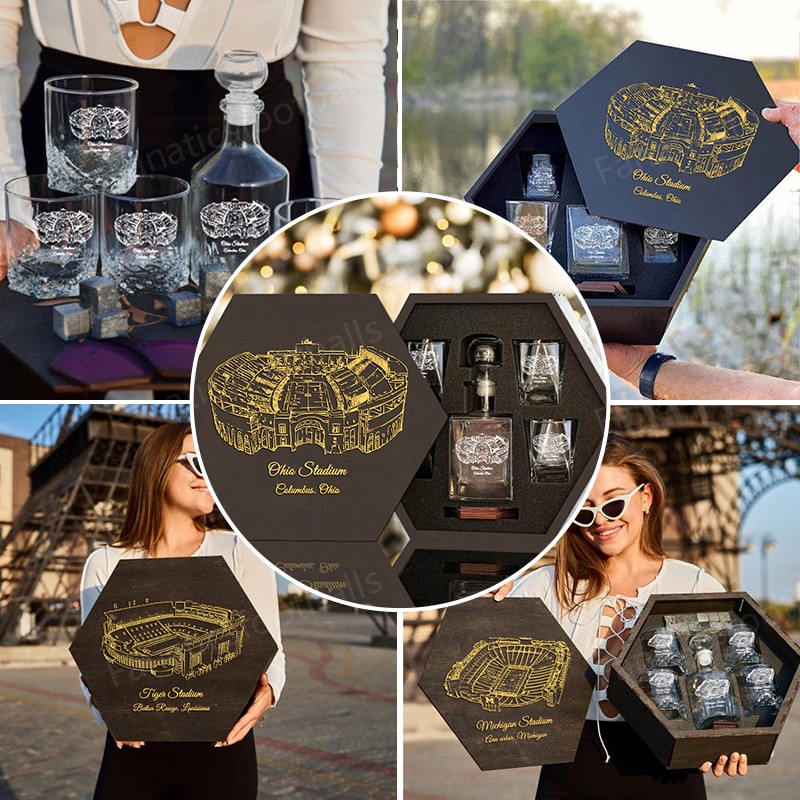 Custom Stadium Whiskey Set (Wooden Box + Decanter + 4 Glasses + 4 Coasters), Bourbon Whiskey, Christmas Gift