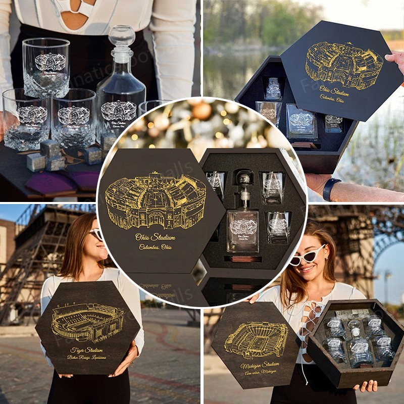 Custom Stadium Whiskey Set (Wooden Box + Decanter + 4 Glasses + 4 Coasters), Bourbon Whiskey, Christmas Gift