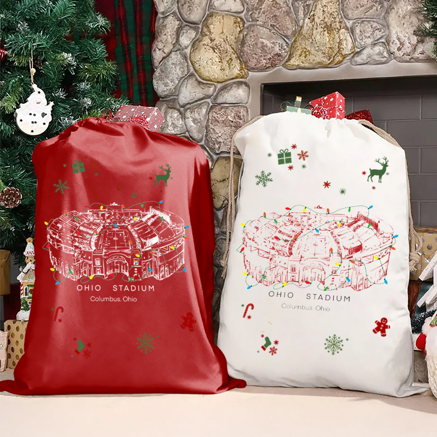 Personalized Ohio Stadium Drawstring Christmas Gift Bag, Christmas Present