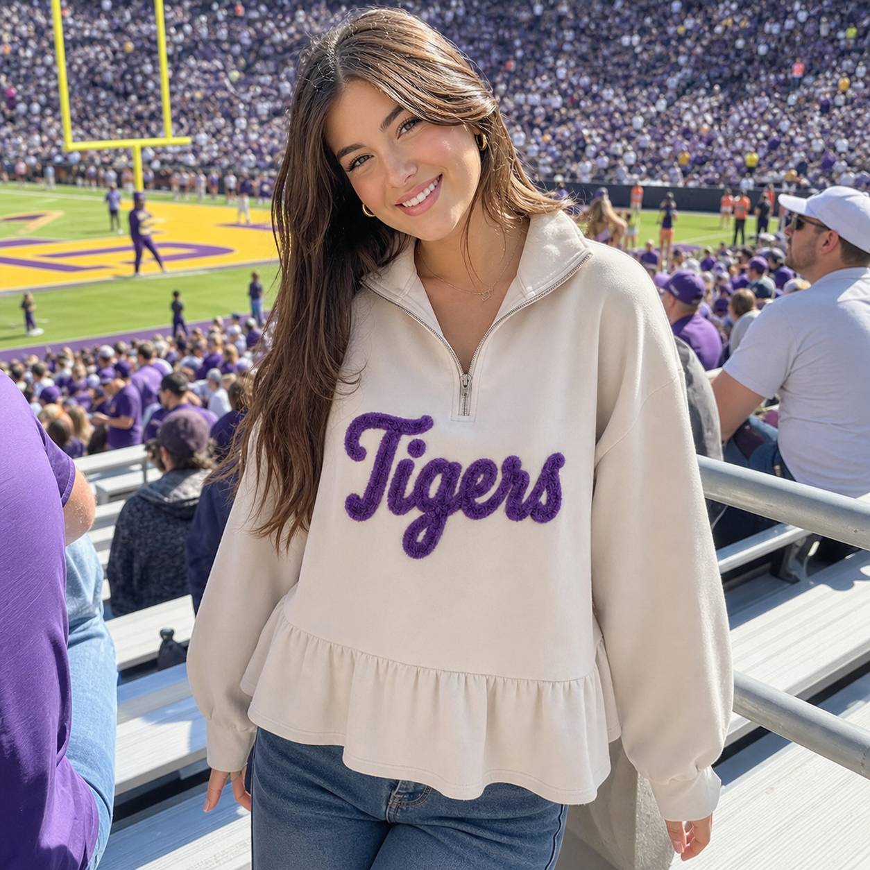 Custom Chenille Embroidered Team Name Ruffle Hem Quarter Zip Sweatshirt-Game Day Style