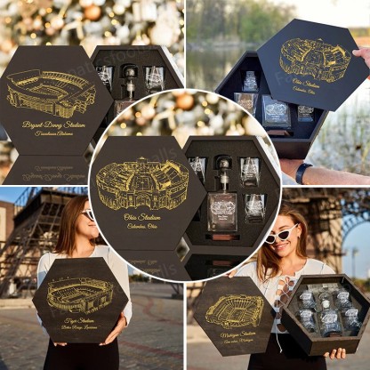Custom Stadium Whiskey Set (Wooden Box + Decanter + 4 Glasses + 4 Coasters), Bourbon Whiskey, Christmas Gift