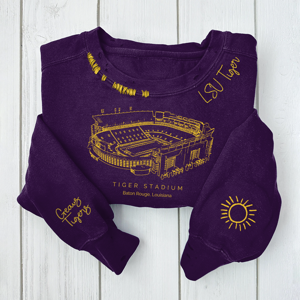 Tiger Stadium (LSU) - LSU Tigers football Unisex Distressed Monogram Collar Sleeve Embroidery Chain Stitch Sweatshirt