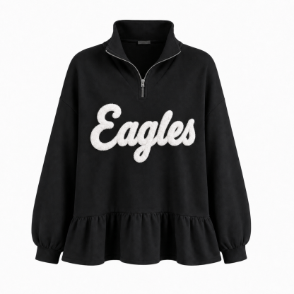 Custom Chenille Embroidered Team Name Ruffle Hem Quarter Zip Sweatshirt-Game Day Style