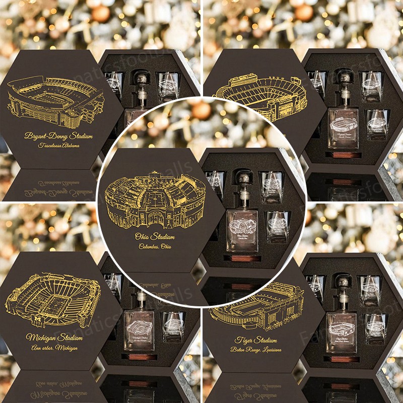 Custom Stadium Whiskey Set (Wooden Box + Decanter + 4 Glasses + 4 Coasters), Bourbon Whiskey, Christmas Gift