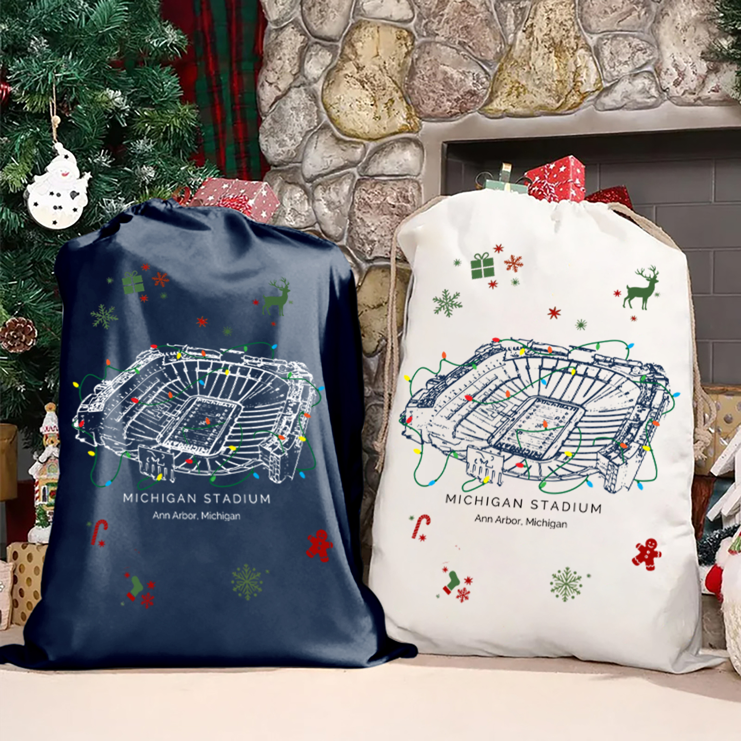 Personalized Michigan Stadium Drawstring Christmas Gift Bag, Christmas Present