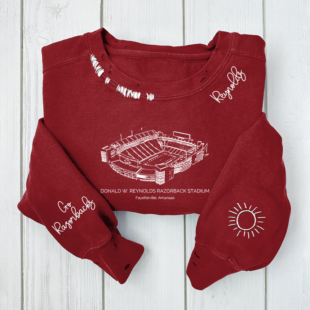 Donald W. Reynolds Razorback Stadium - Arkansas Razorbacks Distressed Monogram Chain Stitch Sweatshirt - Vintage Fan Hoodie