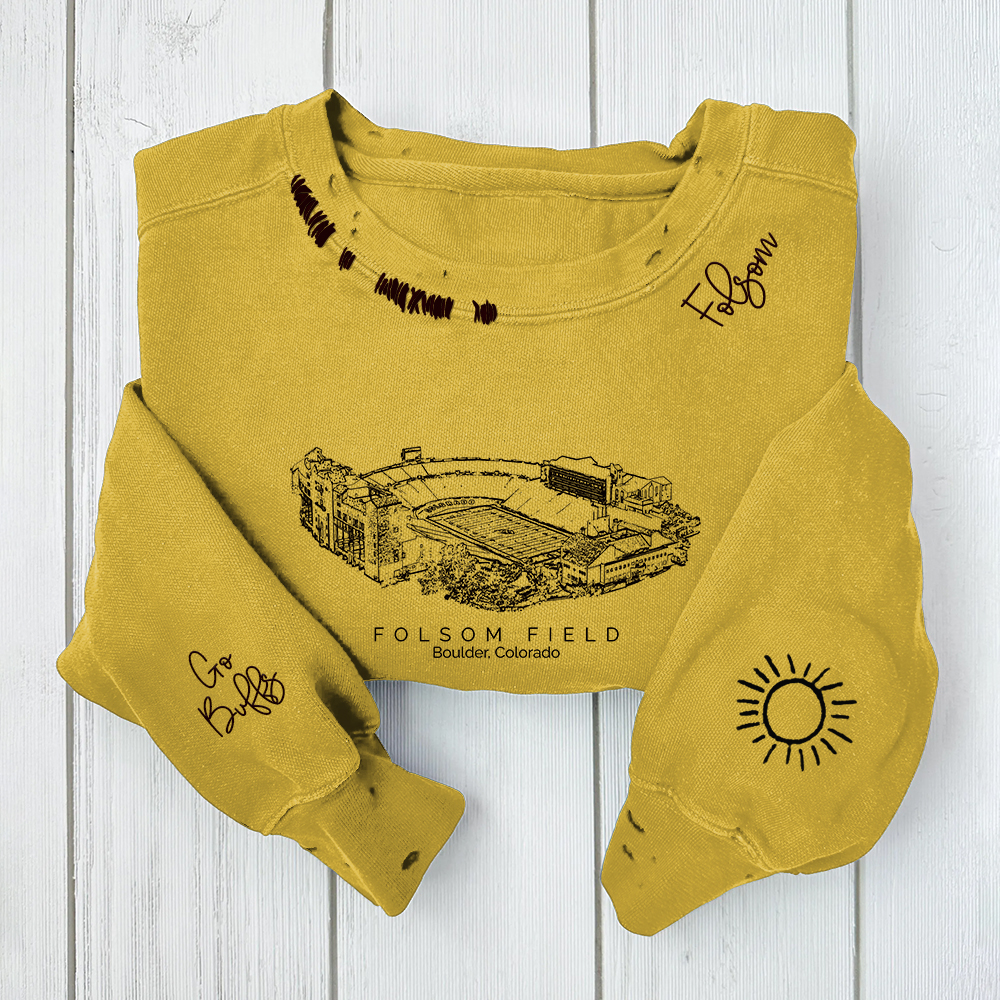  Folsom Field - Colorado Buffaloes Distressed Monogram Chain Stitch Sweatshirt - Vintage Fan Hoodie