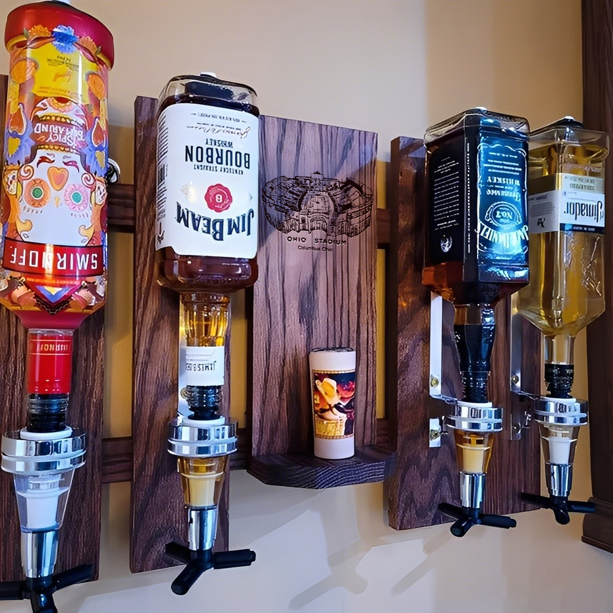 Wall Mounted Liquor Dispenser - Personalized Ohio Stadium Whiskey, Tequila And Bourbon Dispenser For Bar Decor