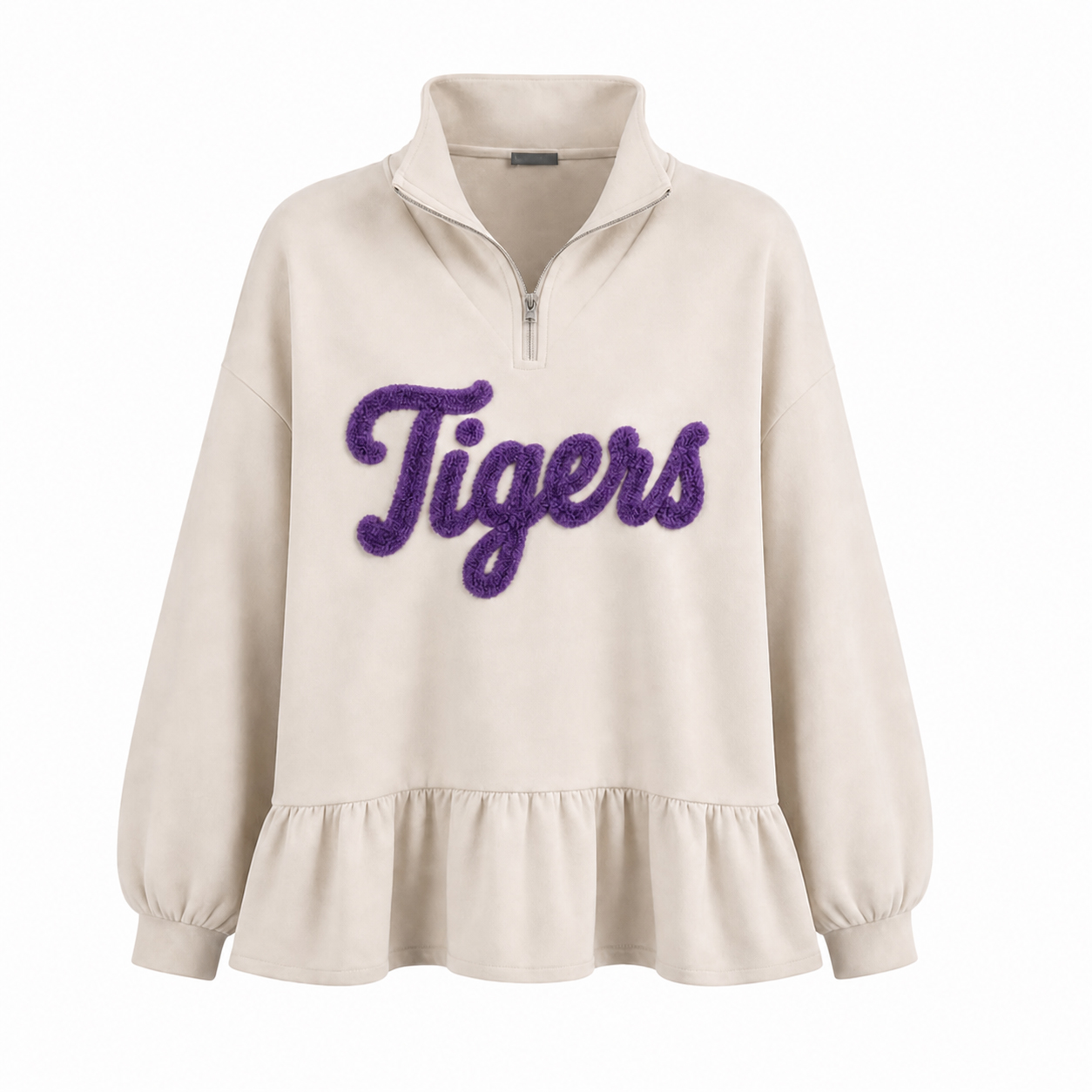 Custom Chenille Embroidered Team Name Ruffle Hem Quarter Zip Sweatshirt-Game Day Style