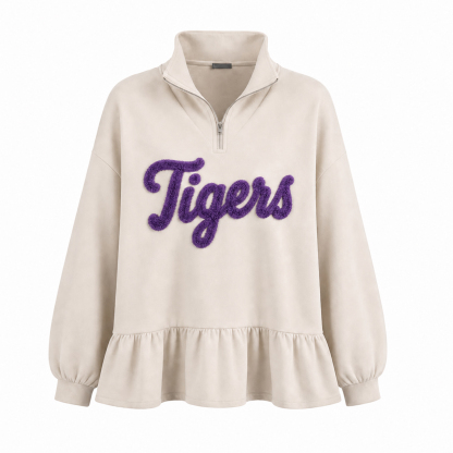 Custom Chenille Embroidered Team Name Ruffle Hem Quarter Zip Sweatshirt-Game Day Style