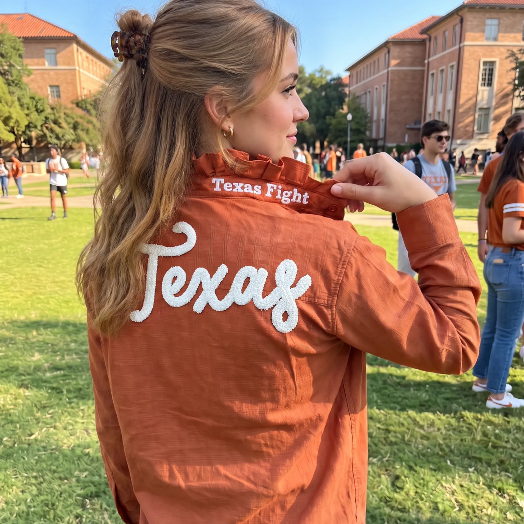 Custom Chenille Embroidered Ruffle Collar Team Top-Game Day Spirit shirt for Football Fans