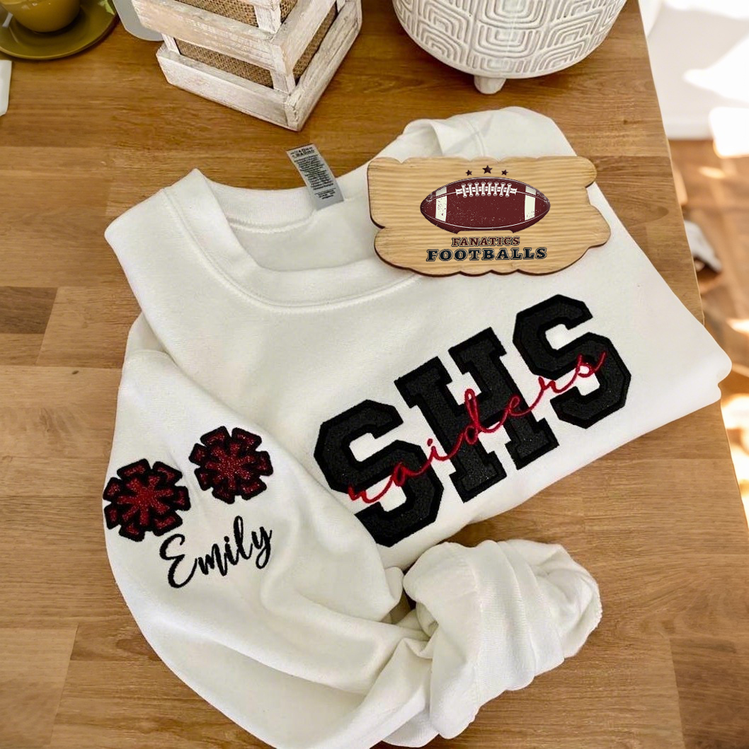 Custom Embroidered Cheerleading Helmet Football Mom Sweatshirt With Child's Name On Sleeve