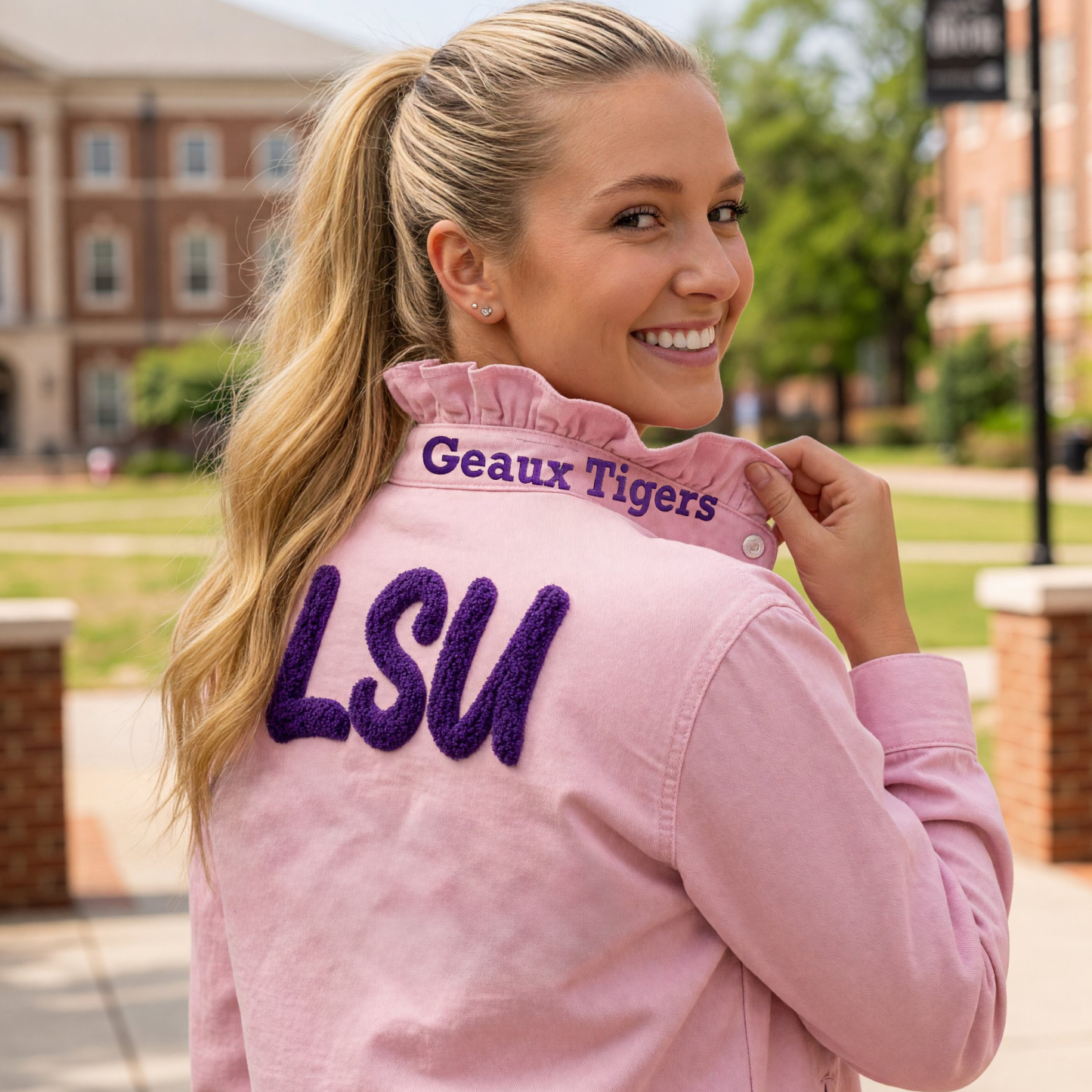 Custom Chenille Embroidered Ruffle Collar Team Top-Game Day Spirit shirt for Football Fans