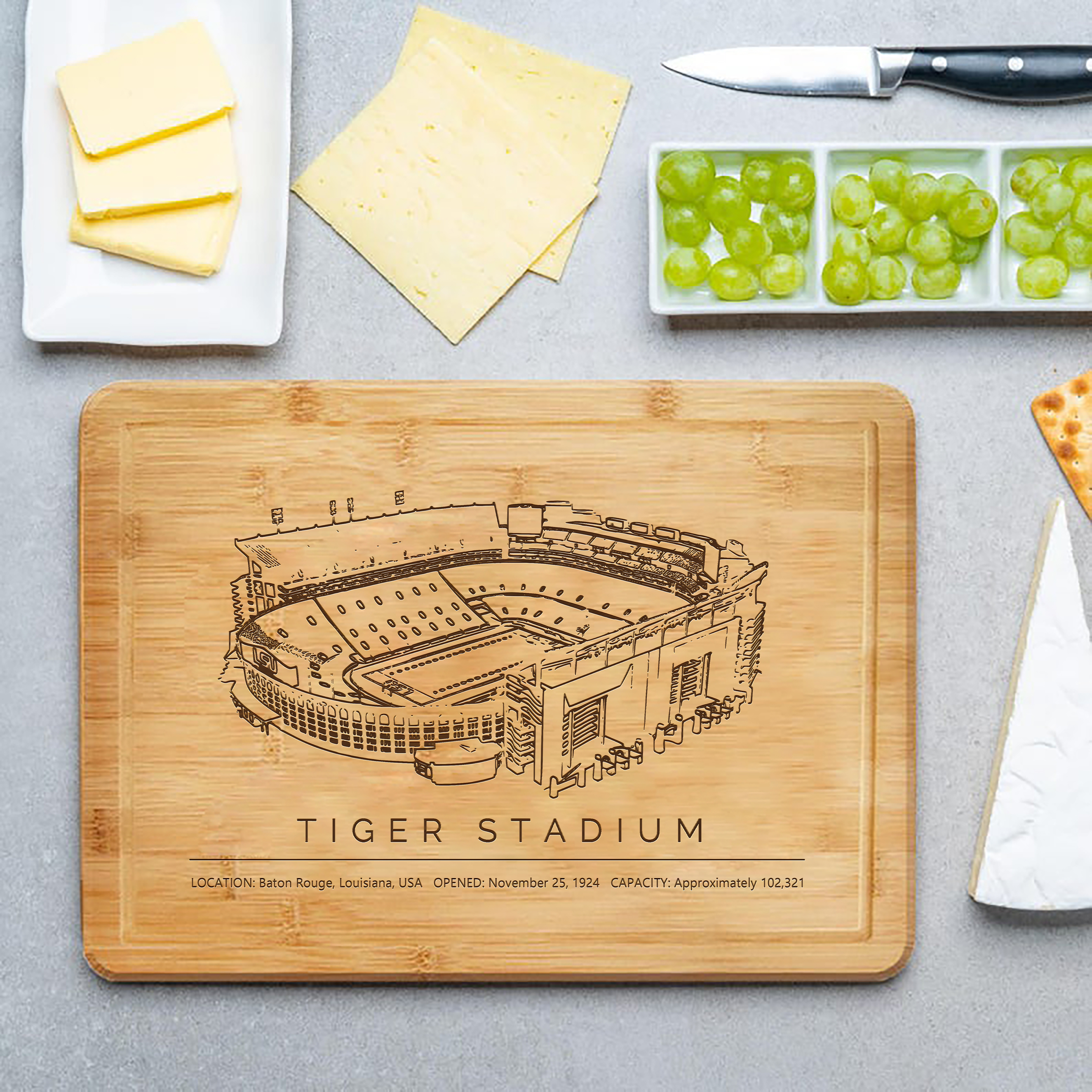 Tiger Stadium Laser Engraved Chopping Board.