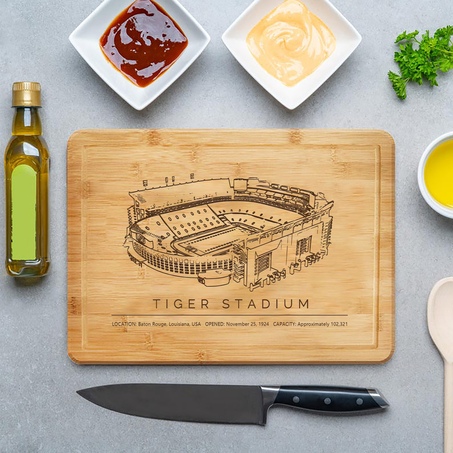 Tiger Stadium Laser Engraved Chopping Board.