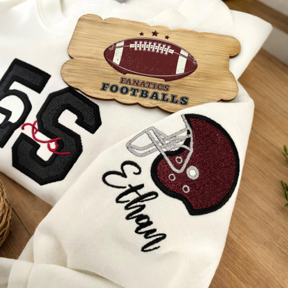 Custom Embroidered Cheerleading Helmet Football Mom Sweatshirt With Child's Name On Sleeve