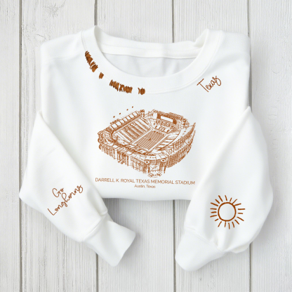 Darrell K Royal–Texas Memorial Stadium - Texas Longhorns football Unisex Distressed Monogram Collar Sleeve Embroidery Chain Stitch Sweatshirt