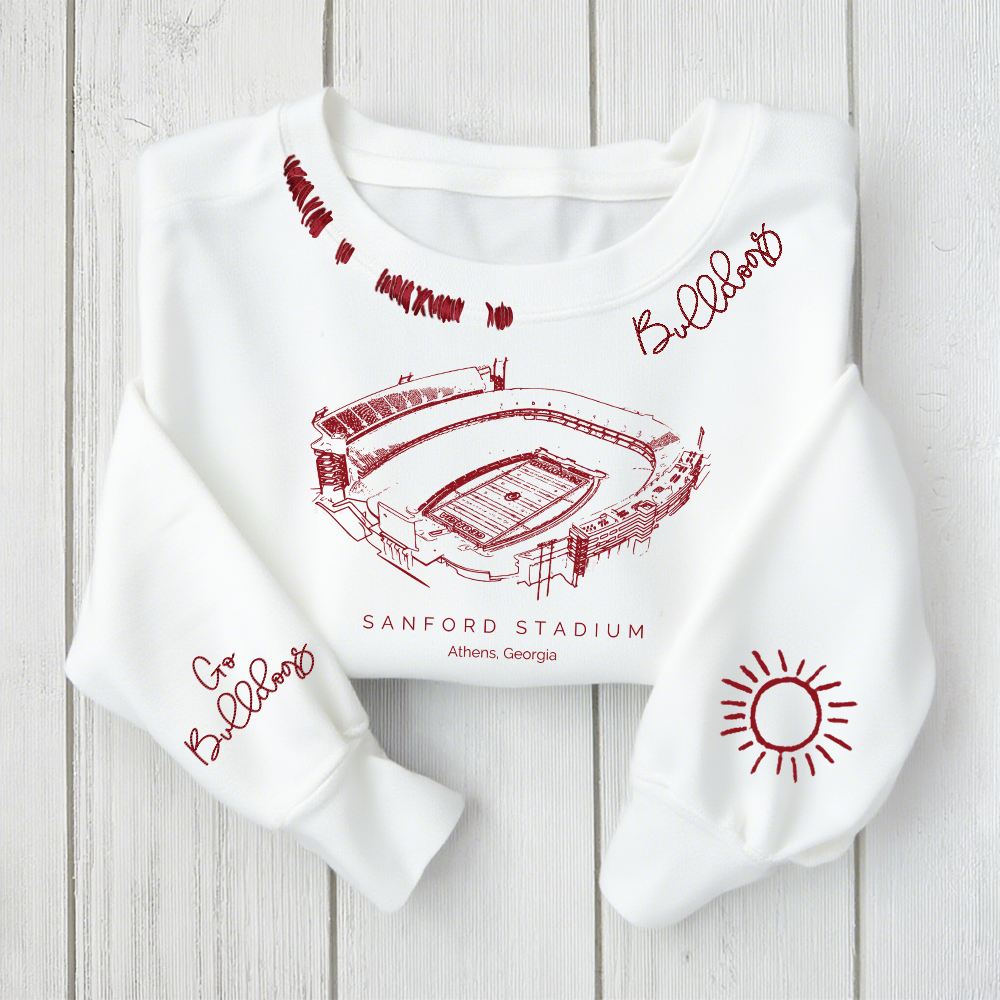 Sanford Stadium - Georgia Bulldogs football Unisex Distressed Monogram Collar Sleeve Embroidery Chain Stitch Sweatshirt