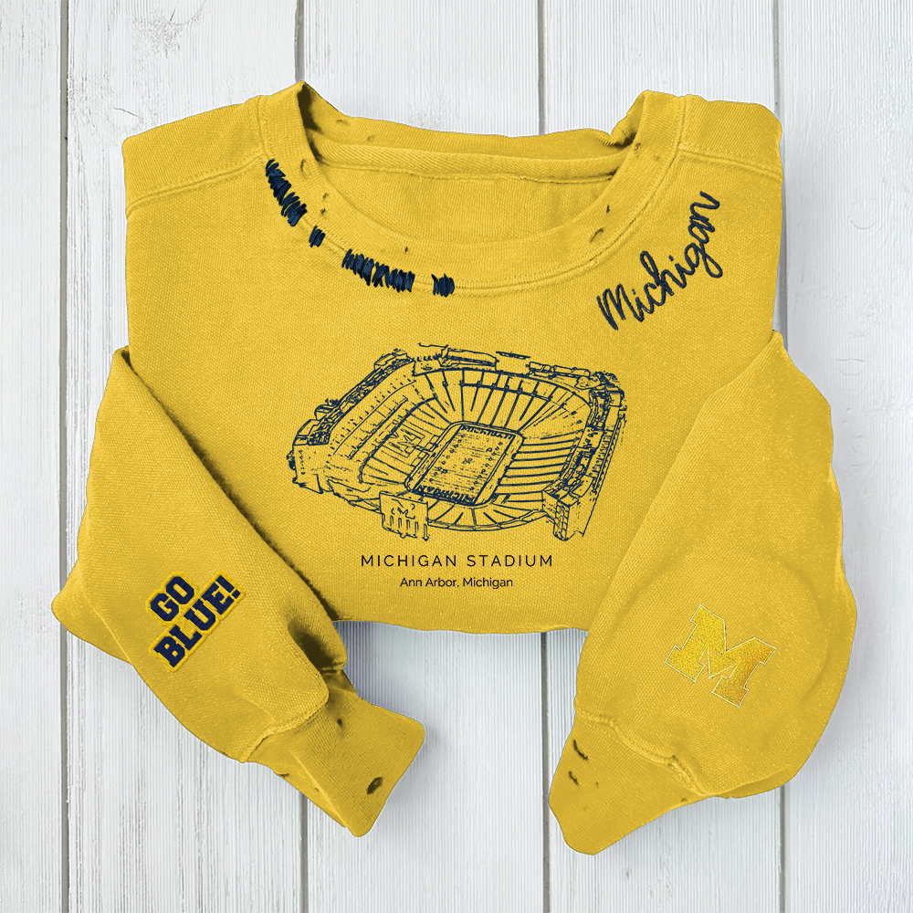 Michigan Stadium - Michigan Wolverines football Unisex Distressed Monogram Collar Sleeve Embroidery Chain Stitch Sweatshirt