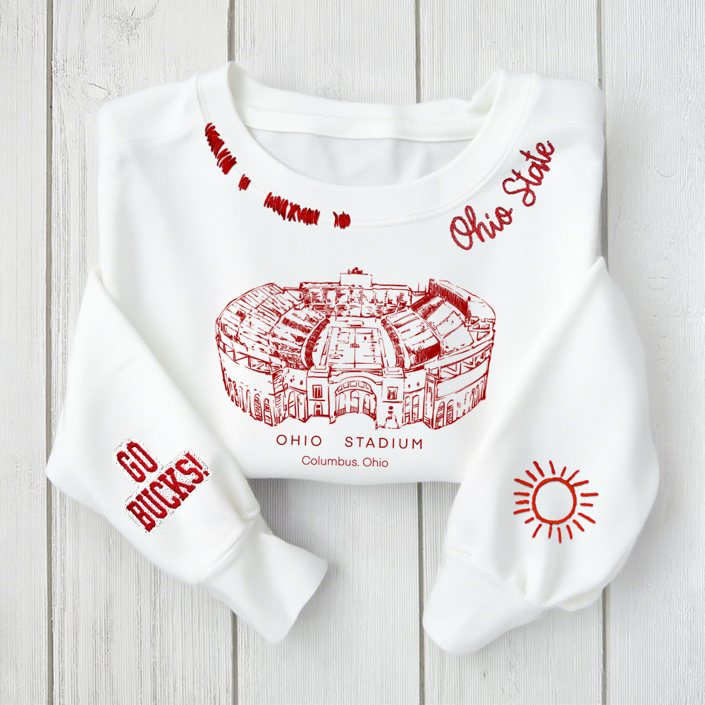 Ohio Stadium - Ohio State Buckeyes football Unisex Distressed Monogram Collar Sleeve Embroidery Chain Stitch Sweatshirt