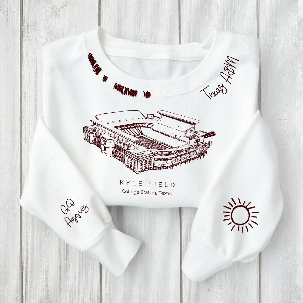 Kyle Field - Texas A&M Aggies football Unisex Distressed Monogram Collar Sleeve Embroidery Chain Stitch Sweatshirt
