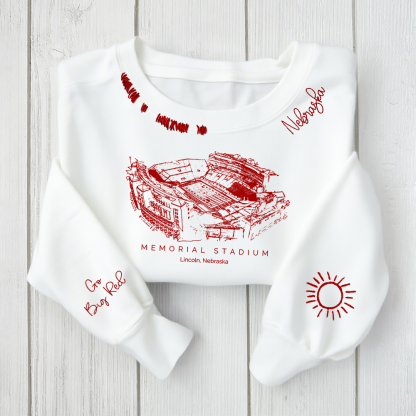Memorial Stadium (Lincoln) - Nebraska Cornhuskers football Unisex Distressed Monogram Collar Sleeve Embroidery Chain Stitch Sweatshirt