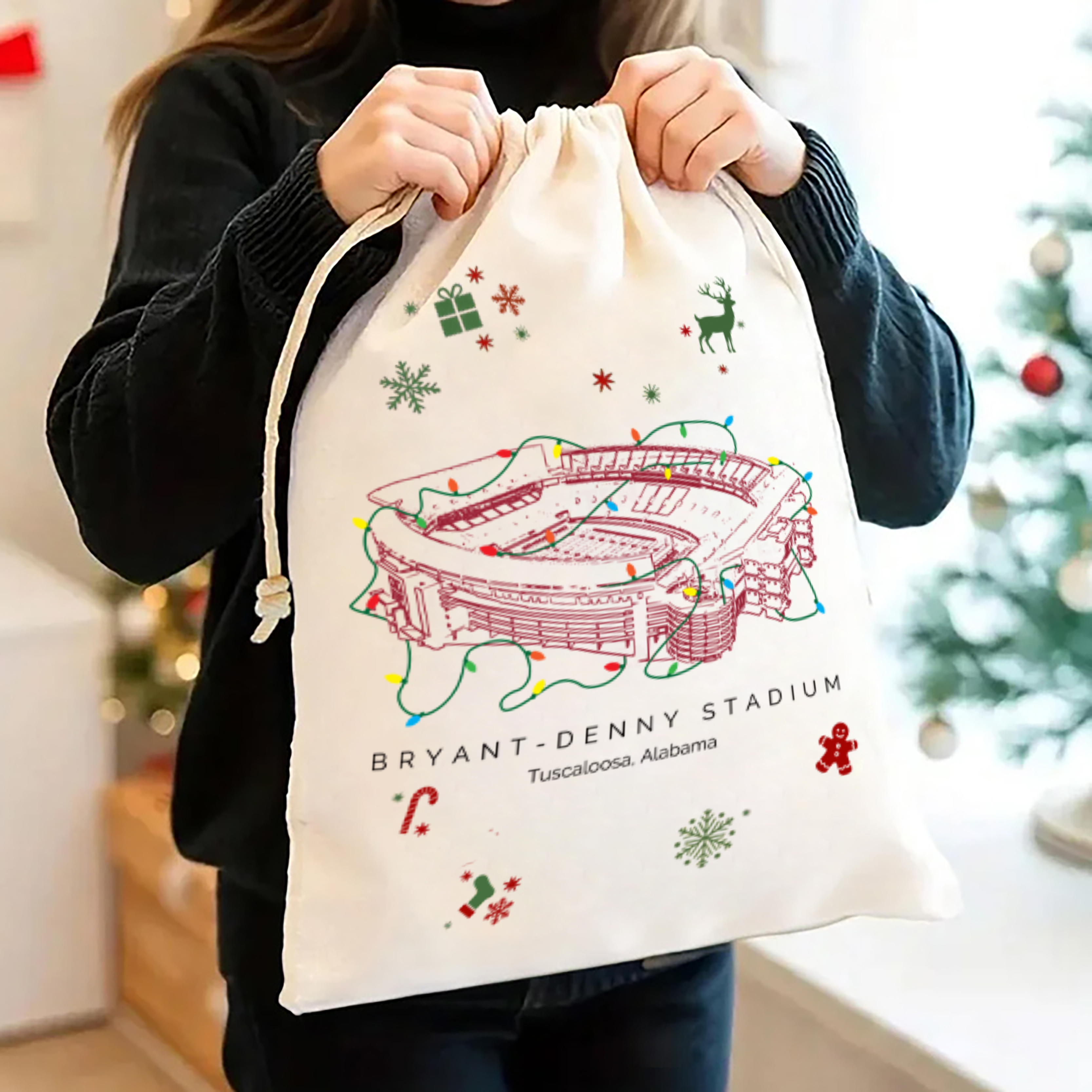 Personalized Bryant-Denny Stadium Drawstring Christmas Gift Bag, Christmas Present