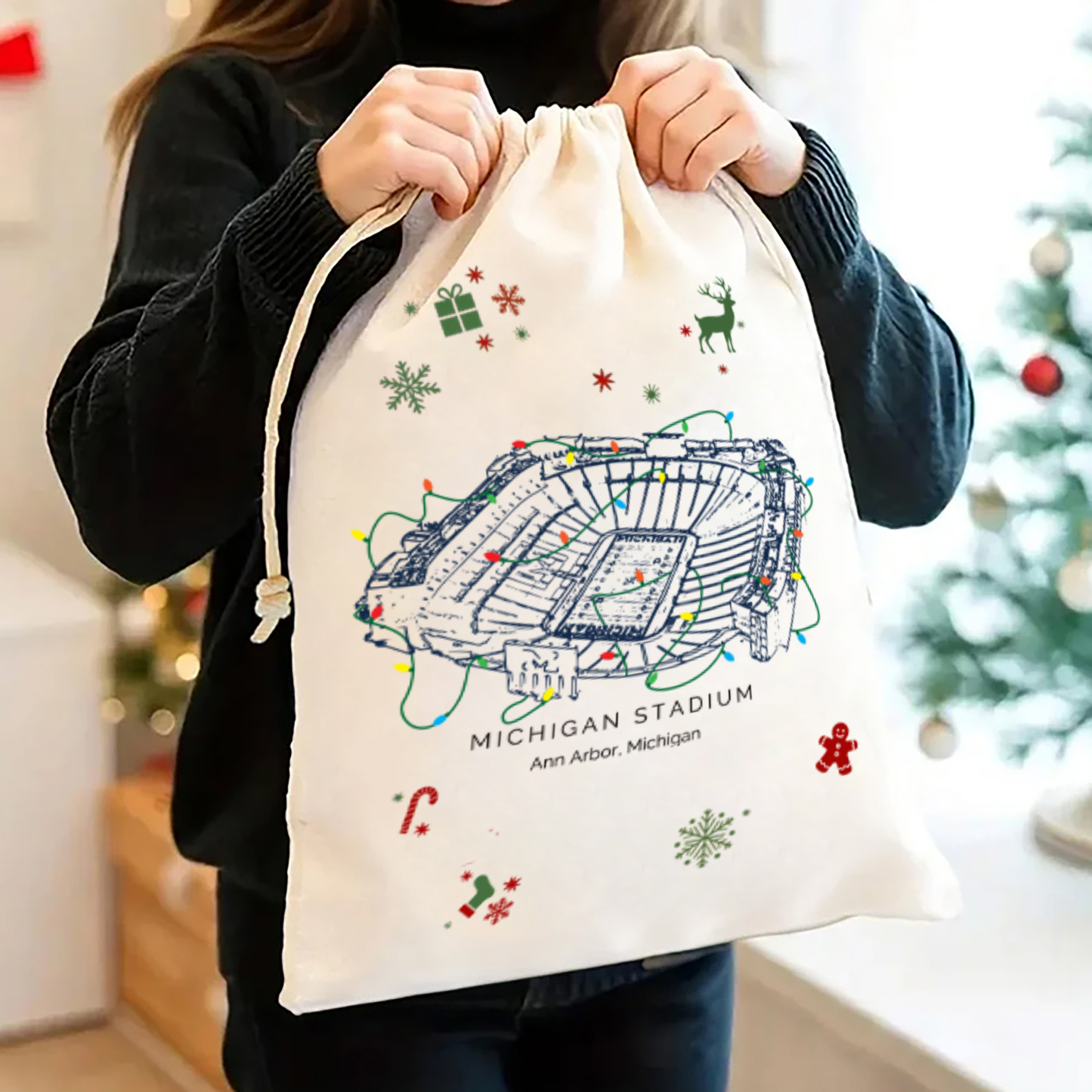 Personalized Michigan Stadium Drawstring Christmas Gift Bag, Christmas Present