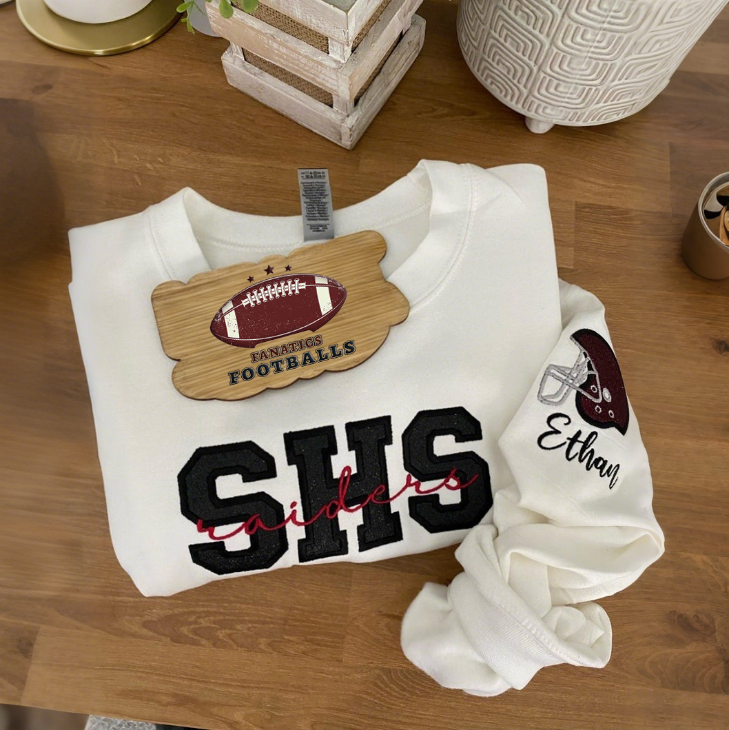 Custom Embroidered Football Sweatshirt With Child's Name And Helmet Printed On Sleeves