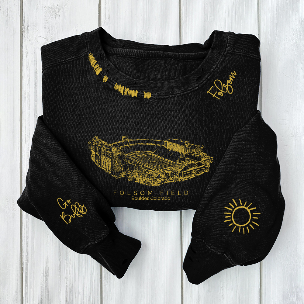  Folsom Field - Colorado Buffaloes Distressed Monogram Chain Stitch Sweatshirt - Vintage Fan Hoodie