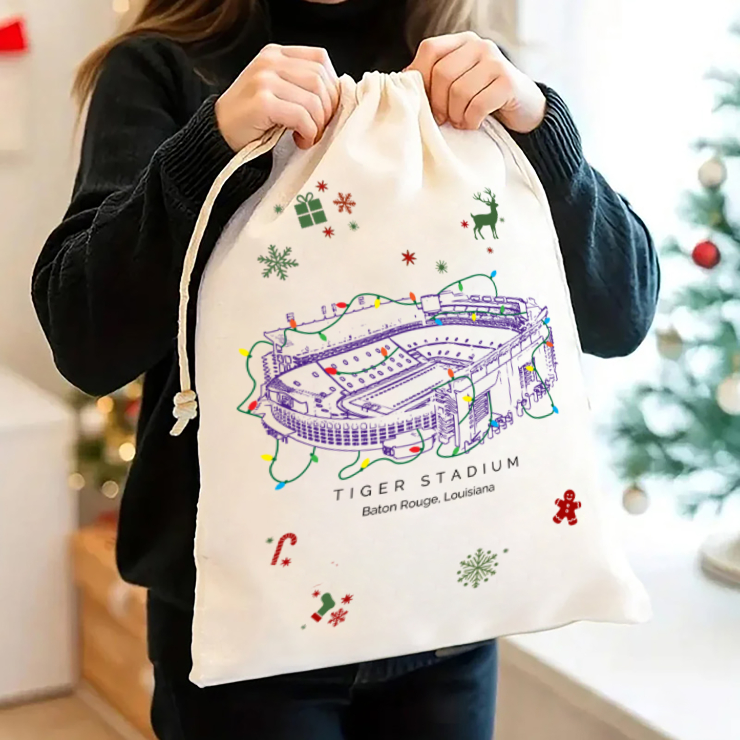Personalized Tiger Stadium Drawstring Christmas Gift Bag, Christmas Present