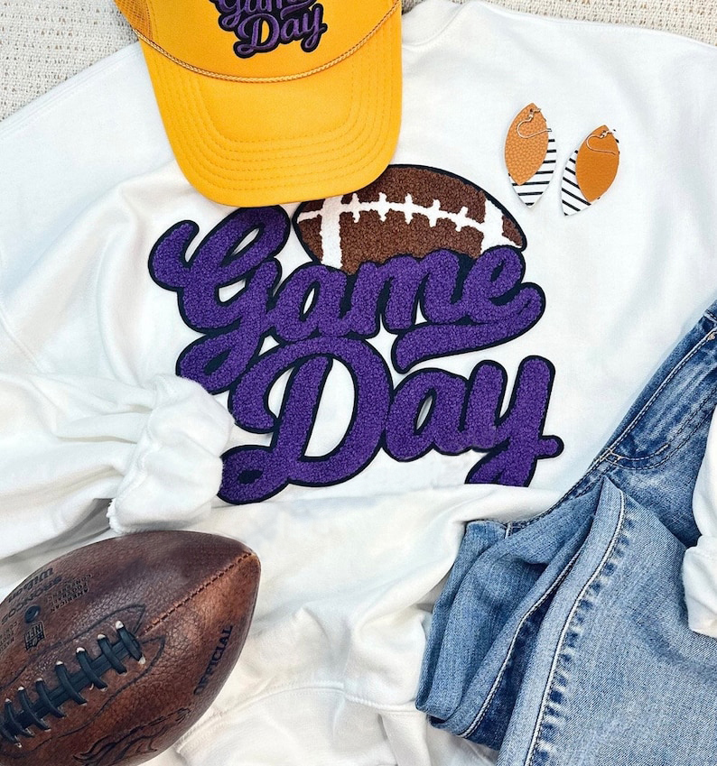 Football Game Day Chenille Patch Crewneck Sweatshirt