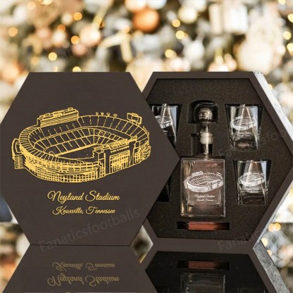 Custom Stadium Whiskey Set (Wooden Box + Decanter + 4 Glasses + 4 Coasters), Bourbon Whiskey, Christmas Gift