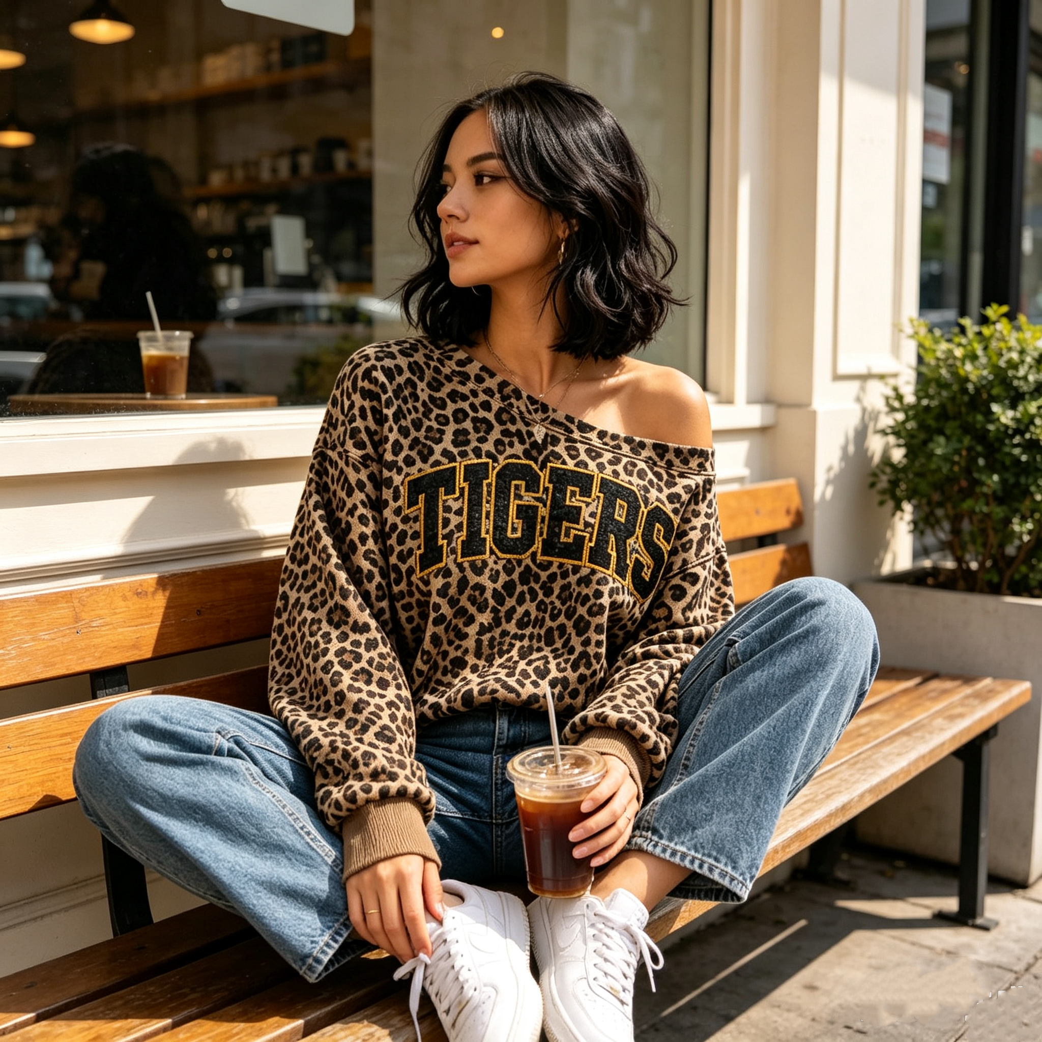 Personalized Leopard Print Off-Shoulder Game Day Sweatshirt, Custom Team Name Glitter Sweatshirt