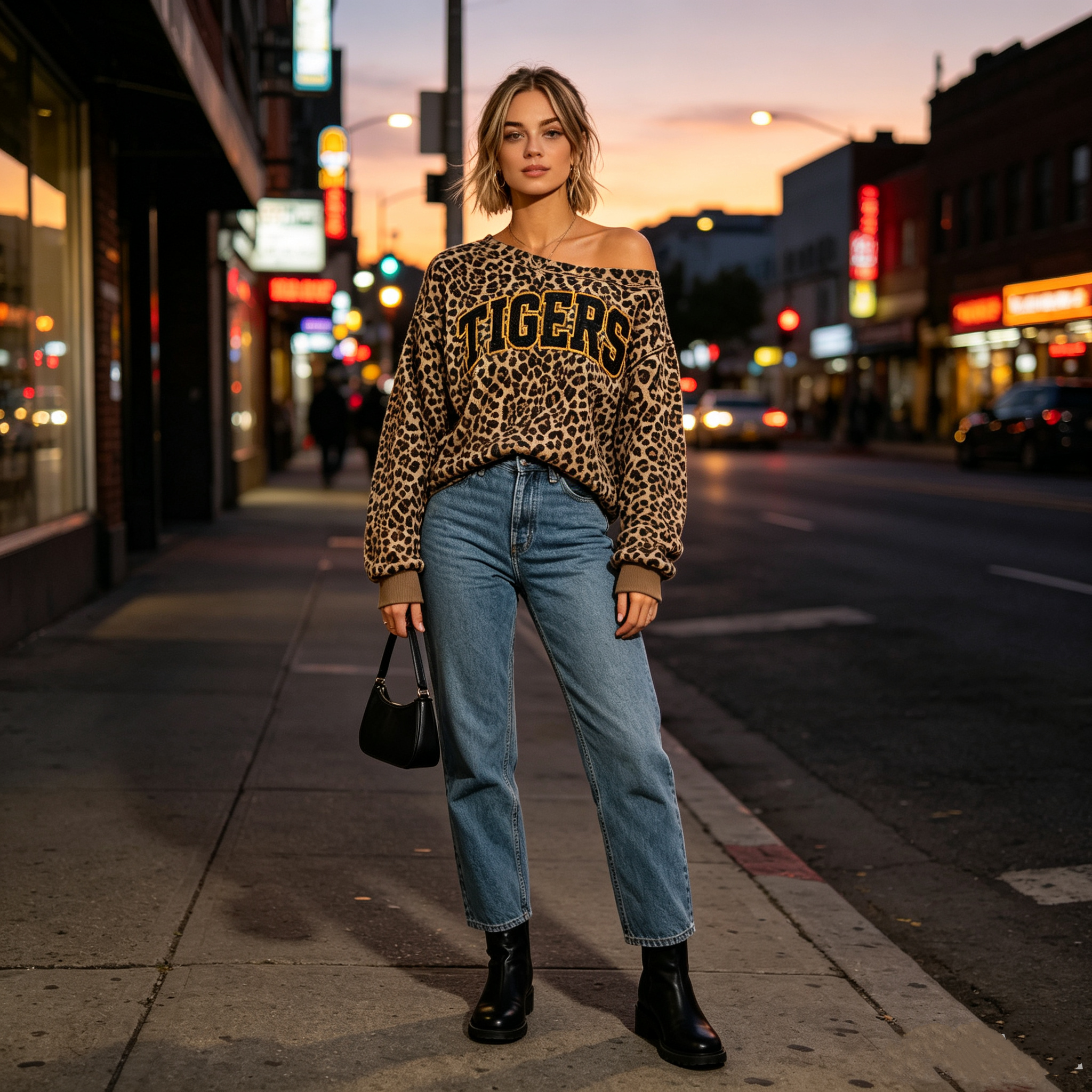 Personalized Leopard Print Off-Shoulder Game Day Sweatshirt, Custom Team Name Glitter Sweatshirt