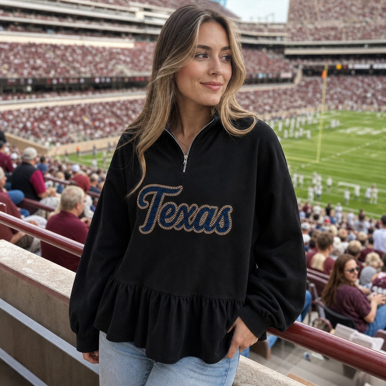 Custom Glitter-Outlined Denim Applique Team Name Ruffle Hem Quarter Zip Sweatshirt-Game Day Style