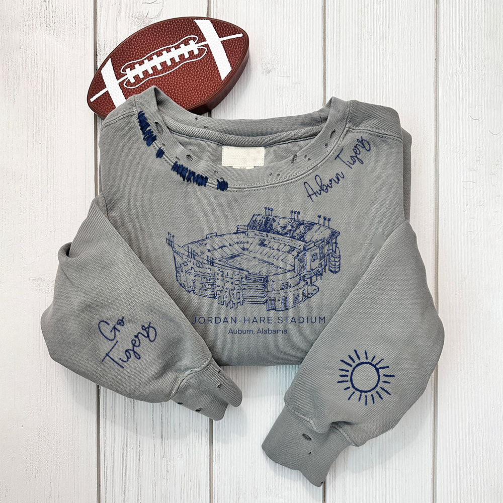 Jordan-Hare Stadium - Auburn Tigers football Unisex Distressed Monogram Collar Sleeve Embroidery Chain Stitch Sweatshirt