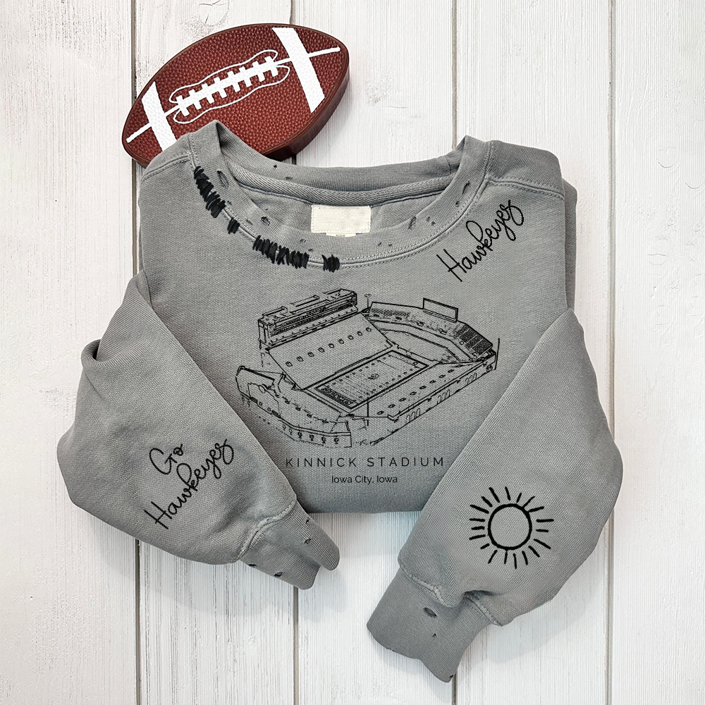 Kinnick Stadium - Iowa Hawkeyes football Unisex Distressed Monogram Collar Sleeve Embroidery Chain Stitch Sweatshirt