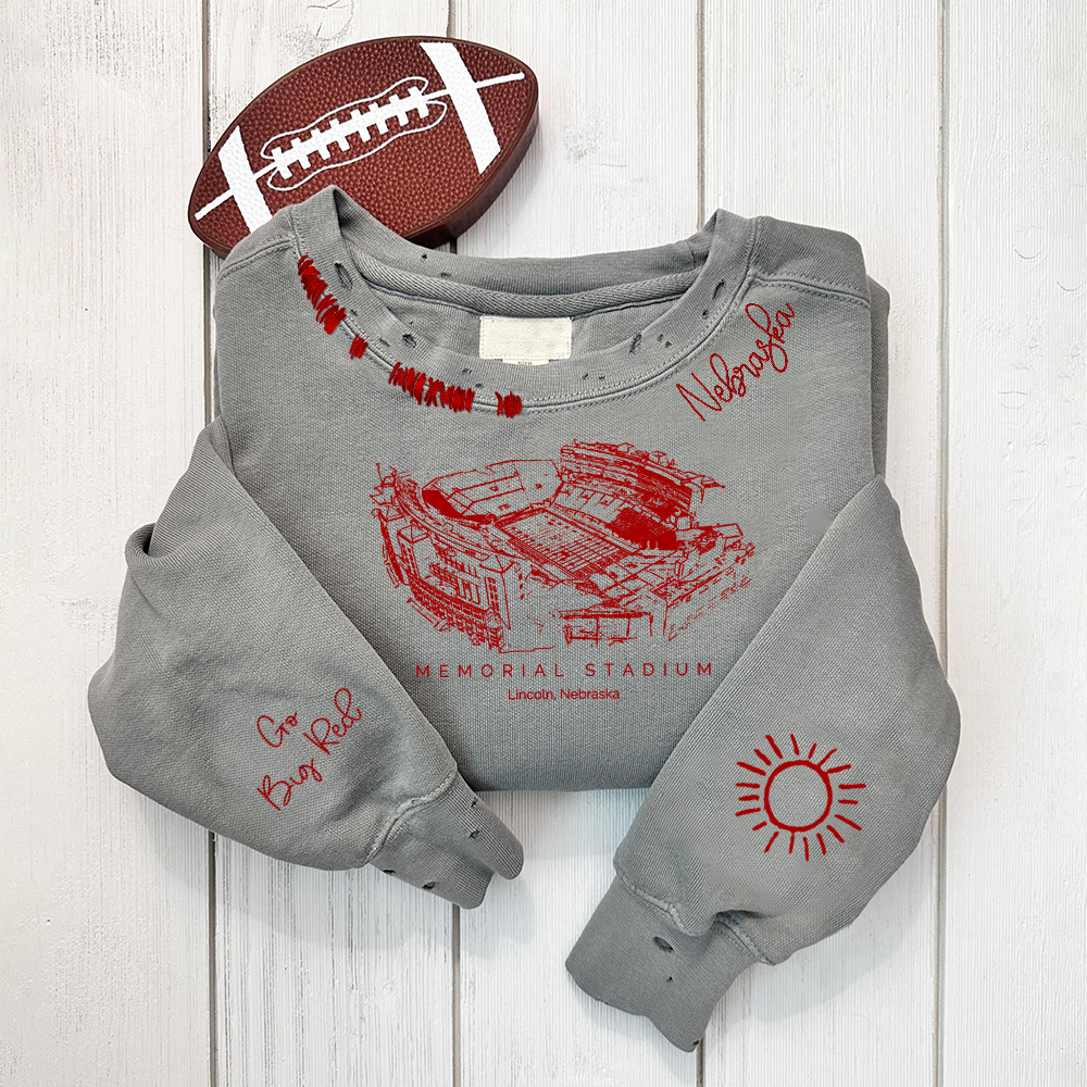 Memorial Stadium (Lincoln) - Nebraska Cornhuskers football Unisex Distressed Monogram Collar Sleeve Embroidery Chain Stitch Sweatshirt