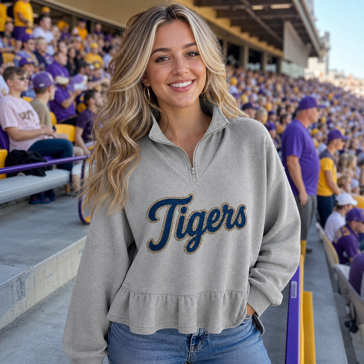 Custom Glitter-Outlined Denim Applique Team Name Ruffle Hem Quarter Zip Sweatshirt-Game Day Style