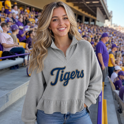 Custom Glitter-Outlined Denim Applique Team Name Ruffle Hem Quarter Zip Sweatshirt-Game Day Style