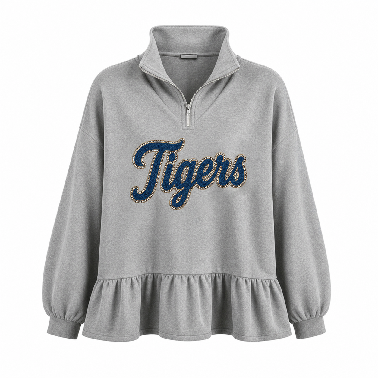 Custom Glitter-Outlined Denim Applique Team Name Ruffle Hem Quarter Zip Sweatshirt-Game Day Style