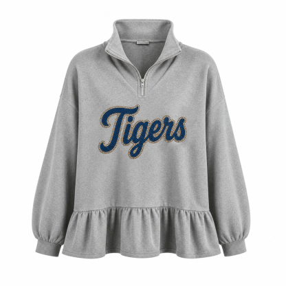 Custom Glitter-Outlined Denim Applique Team Name Ruffle Hem Quarter Zip Sweatshirt-Game Day Style