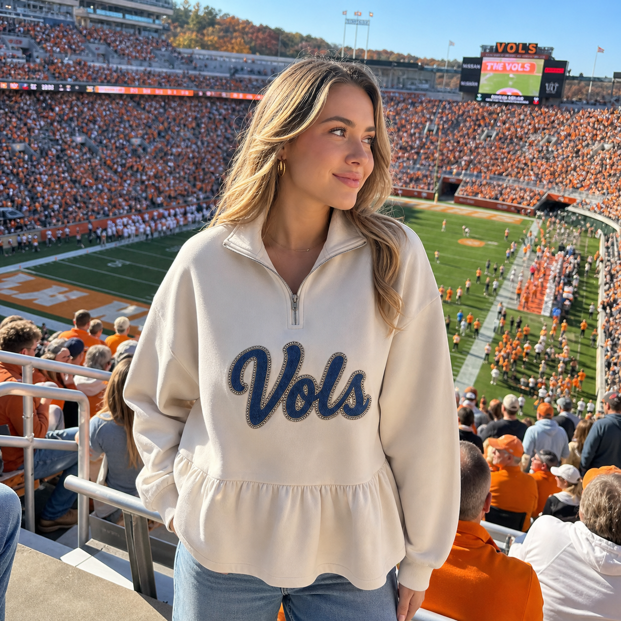 Custom Glitter-Outlined Denim Applique Team Name Ruffle Hem Quarter Zip Sweatshirt-Game Day Style